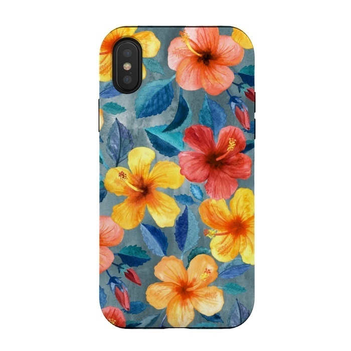 iPhone Xs / X StrongFit Bright Summer Hibiscus Blooms in Watercolor by Micklyn Le Feuvre