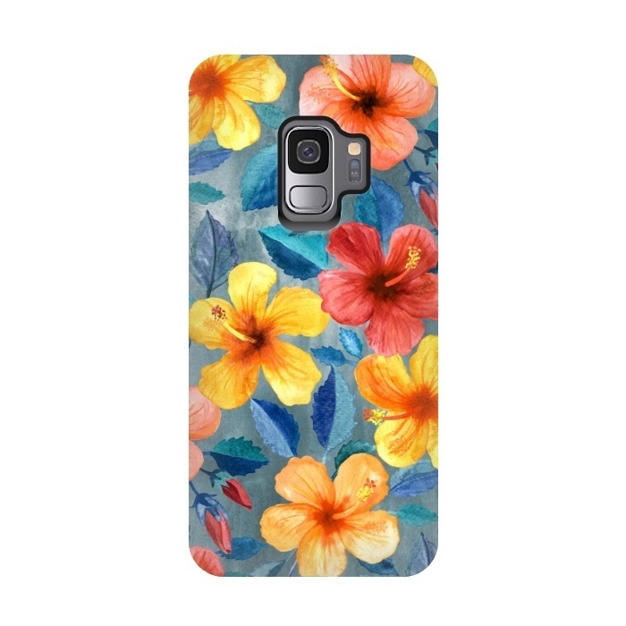 Galaxy S9 StrongFit Bright Summer Hibiscus Blooms in Watercolor by Micklyn Le Feuvre