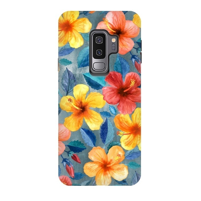 Galaxy S9 plus StrongFit Bright Summer Hibiscus Blooms in Watercolor by Micklyn Le Feuvre