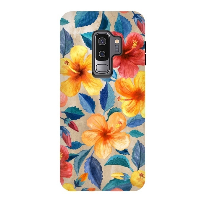Galaxy S9 plus StrongFit Tropical Hibiscus Blooms in Watercolor by Micklyn Le Feuvre