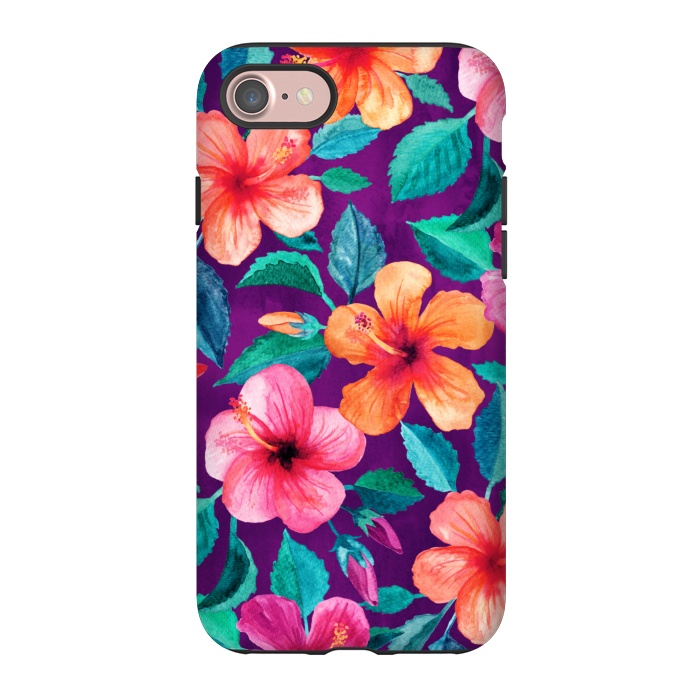 iPhone 7 StrongFit Bright Hibiscus Blooms in Watercolor on Purple by Micklyn Le Feuvre