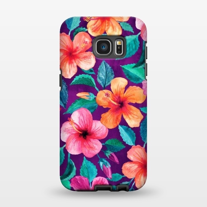 Galaxy S7 EDGE StrongFit Bright Hibiscus Blooms in Watercolor on Purple by Micklyn Le Feuvre