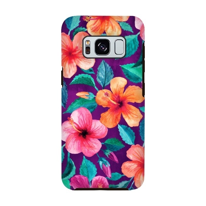Galaxy S8 StrongFit Bright Hibiscus Blooms in Watercolor on Purple by Micklyn Le Feuvre