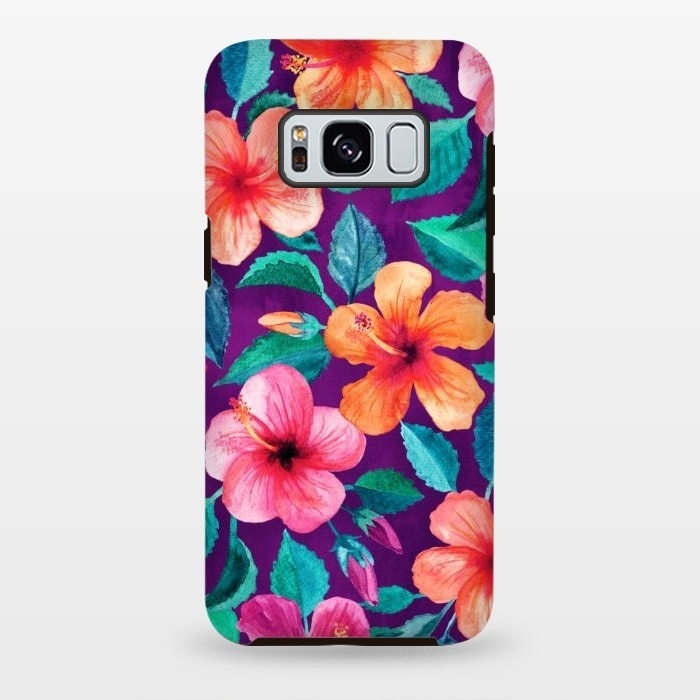 Galaxy S8 plus StrongFit Bright Hibiscus Blooms in Watercolor on Purple by Micklyn Le Feuvre