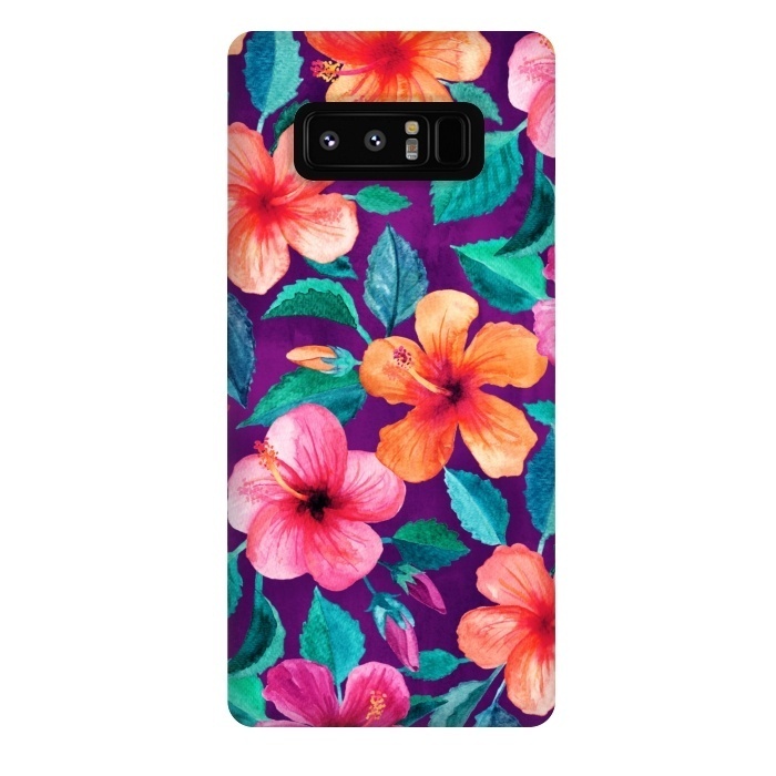 Galaxy Note 8 StrongFit Bright Hibiscus Blooms in Watercolor on Purple by Micklyn Le Feuvre