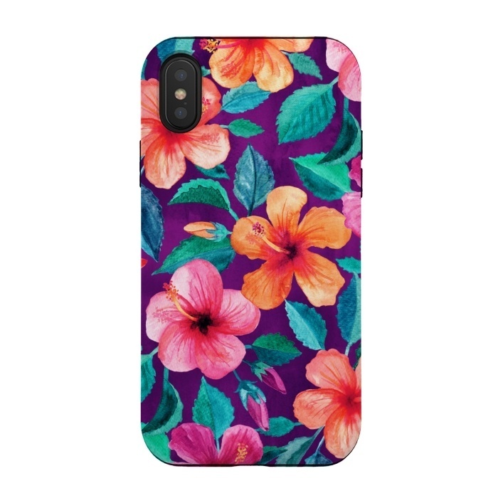 iPhone Xs / X StrongFit Bright Hibiscus Blooms in Watercolor on Purple by Micklyn Le Feuvre