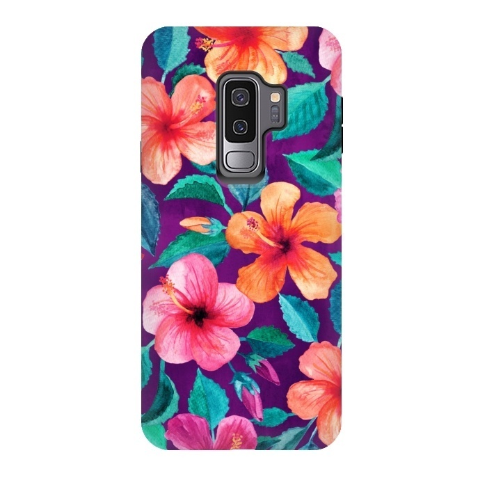 Galaxy S9 plus StrongFit Bright Hibiscus Blooms in Watercolor on Purple by Micklyn Le Feuvre