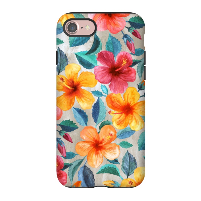 iPhone 7 StrongFit Tropical Hawaiian Hibiscus Blooms in Watercolor by Micklyn Le Feuvre
