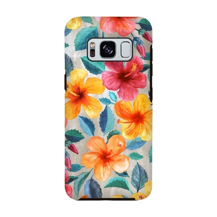 Galaxy S8 StrongFit Tropical Hawaiian Hibiscus Blooms in Watercolor by Micklyn Le Feuvre