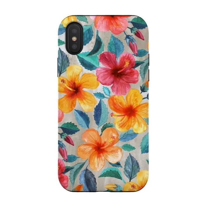 iPhone Xs / X StrongFit Tropical Hawaiian Hibiscus Blooms in Watercolor by Micklyn Le Feuvre