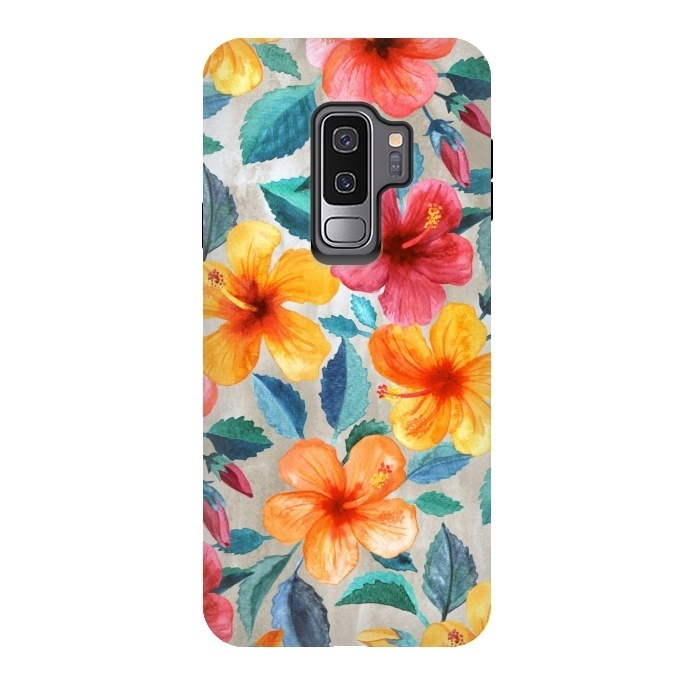 Galaxy S9 plus StrongFit Tropical Hawaiian Hibiscus Blooms in Watercolor by Micklyn Le Feuvre