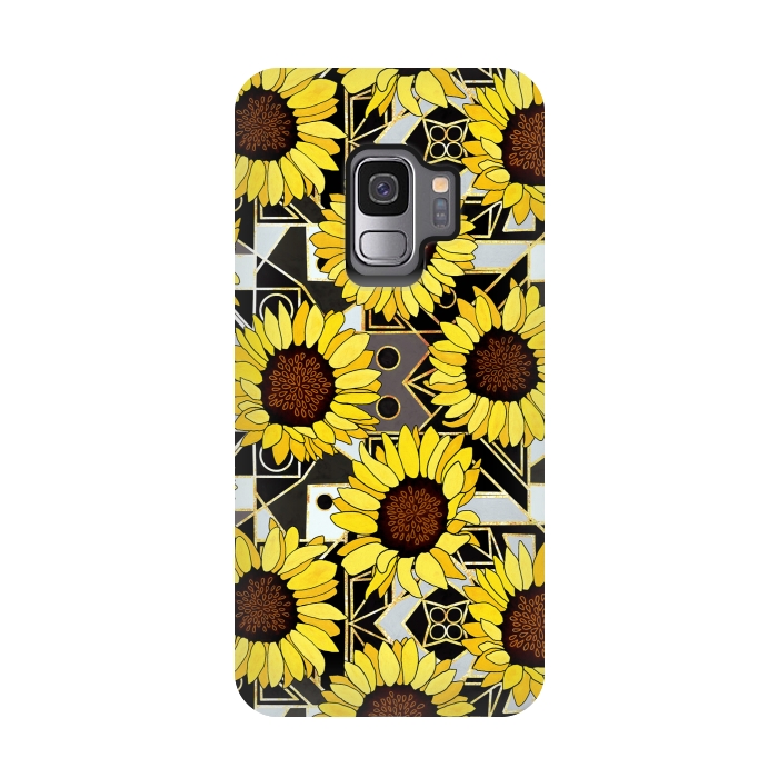 Galaxy S9 StrongFit Sunflowers & Geometric Gold, Black & White Background  by Tigatiga