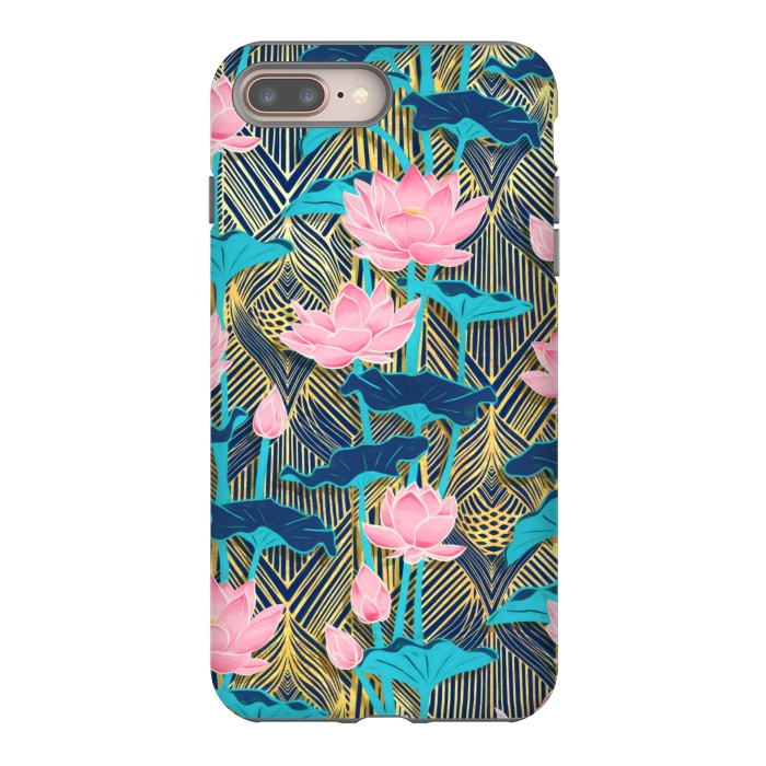 iPhone 7 plus StrongFit Art Deco Lotus Flowers in Pink & Navy by Micklyn Le Feuvre
