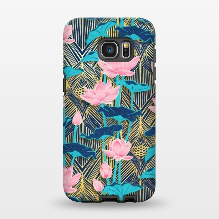 Galaxy S7 EDGE StrongFit Art Deco Lotus Flowers in Pink & Navy by Micklyn Le Feuvre