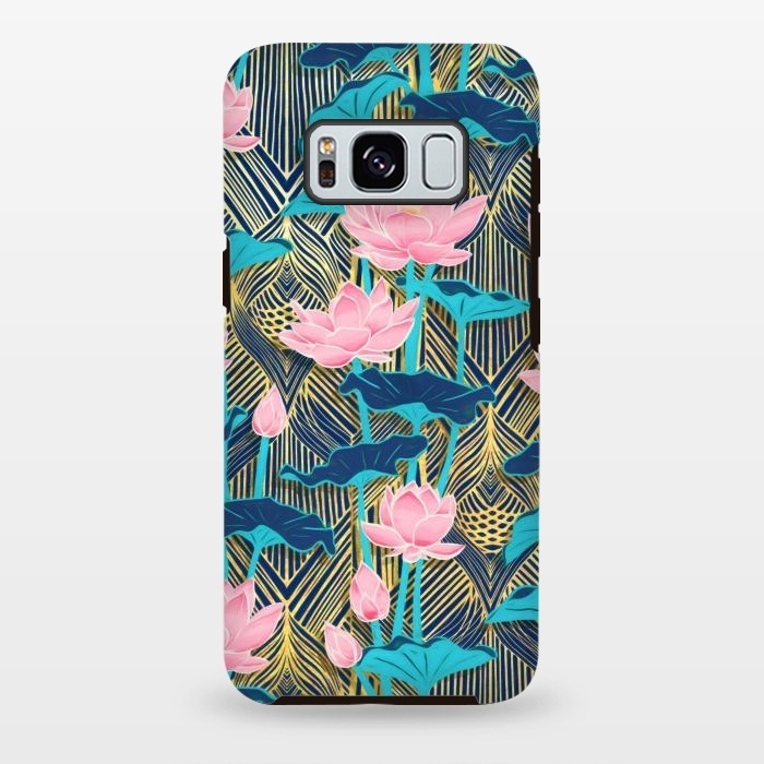Galaxy S8 plus StrongFit Art Deco Lotus Flowers in Pink & Navy by Micklyn Le Feuvre