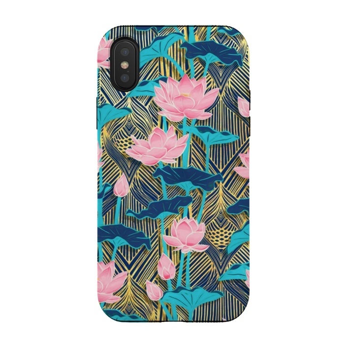 iPhone Xs / X StrongFit Art Deco Lotus Flowers in Pink & Navy by Micklyn Le Feuvre