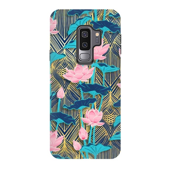 Galaxy S9 plus StrongFit Art Deco Lotus Flowers in Pink & Navy by Micklyn Le Feuvre
