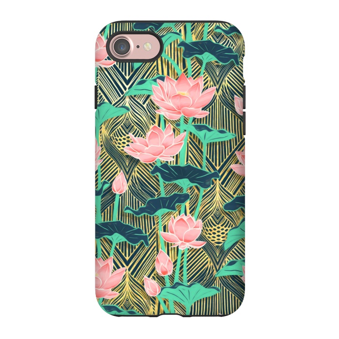 iPhone 7 StrongFit Art Deco Lotus Flowers in Peach & Emerald by Micklyn Le Feuvre