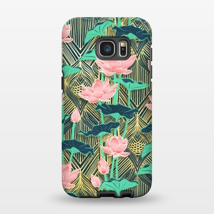 Galaxy S7 EDGE StrongFit Art Deco Lotus Flowers in Peach & Emerald by Micklyn Le Feuvre