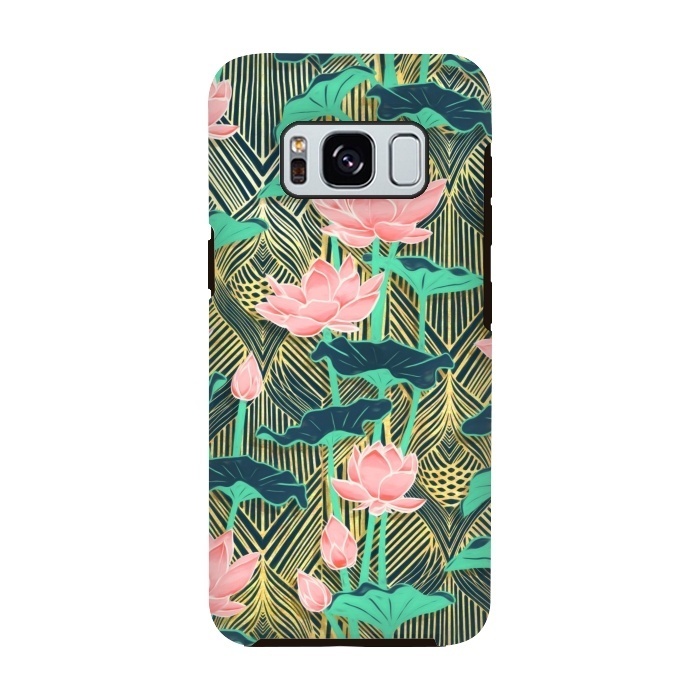Galaxy S8 StrongFit Art Deco Lotus Flowers in Peach & Emerald by Micklyn Le Feuvre