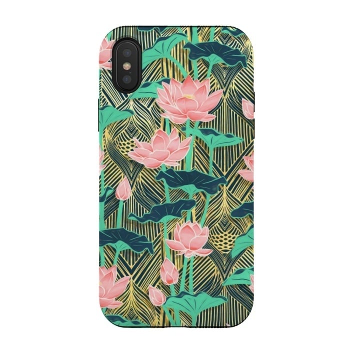 iPhone Xs / X StrongFit Art Deco Lotus Flowers in Peach & Emerald by Micklyn Le Feuvre