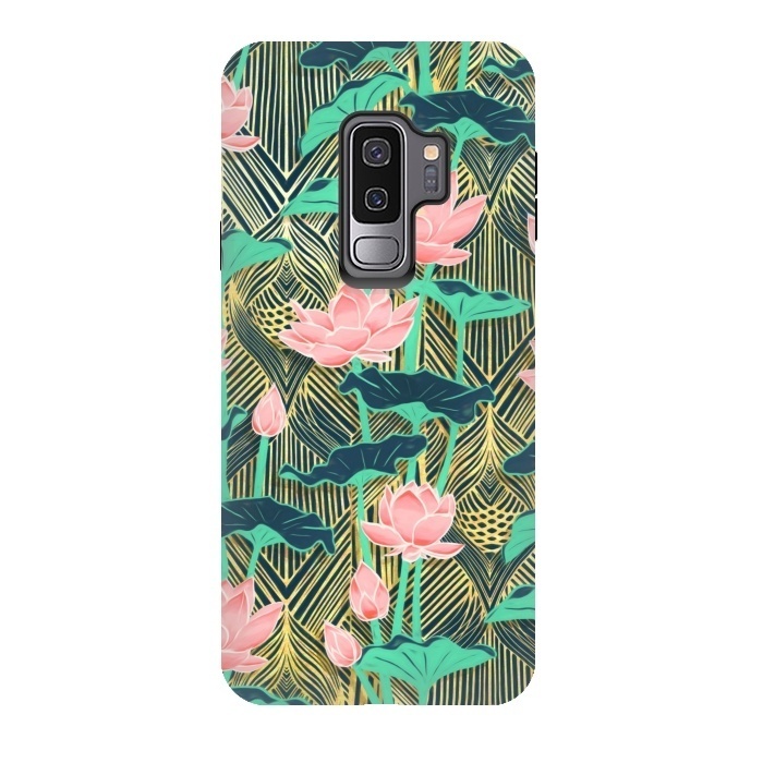 Galaxy S9 plus StrongFit Art Deco Lotus Flowers in Peach & Emerald by Micklyn Le Feuvre
