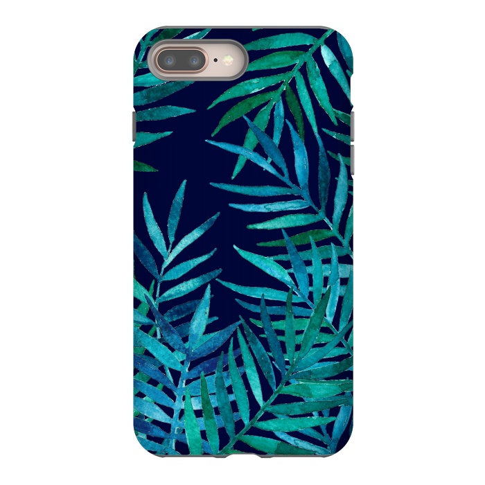 iPhone 7 plus StrongFit Watercolor Palm Leaves on Navy Blue by Micklyn Le Feuvre
