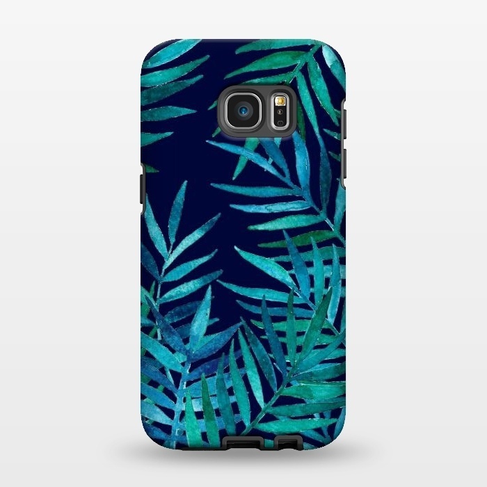 Galaxy S7 EDGE StrongFit Watercolor Palm Leaves on Navy Blue by Micklyn Le Feuvre