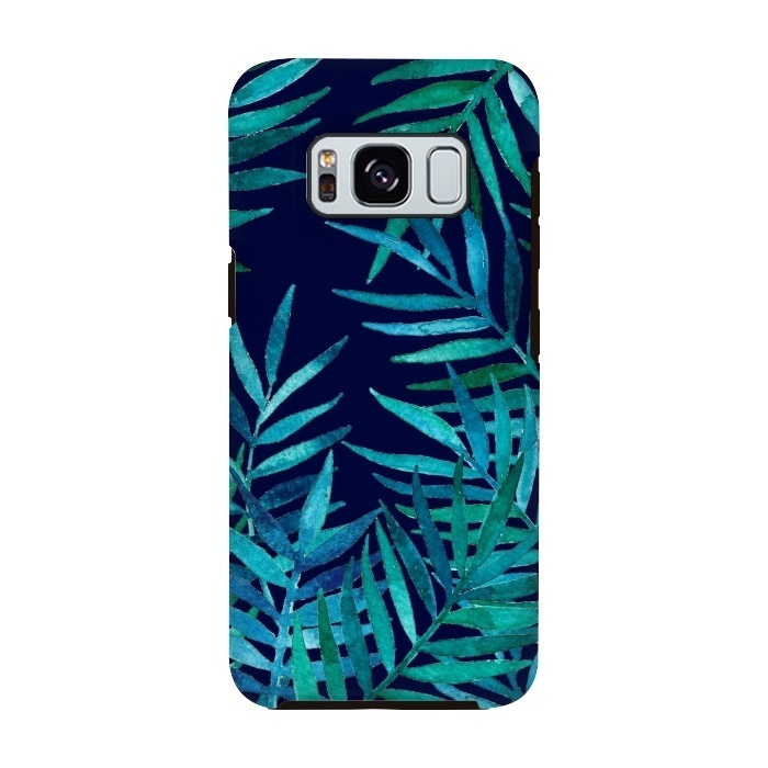 Galaxy S8 StrongFit Watercolor Palm Leaves on Navy Blue by Micklyn Le Feuvre