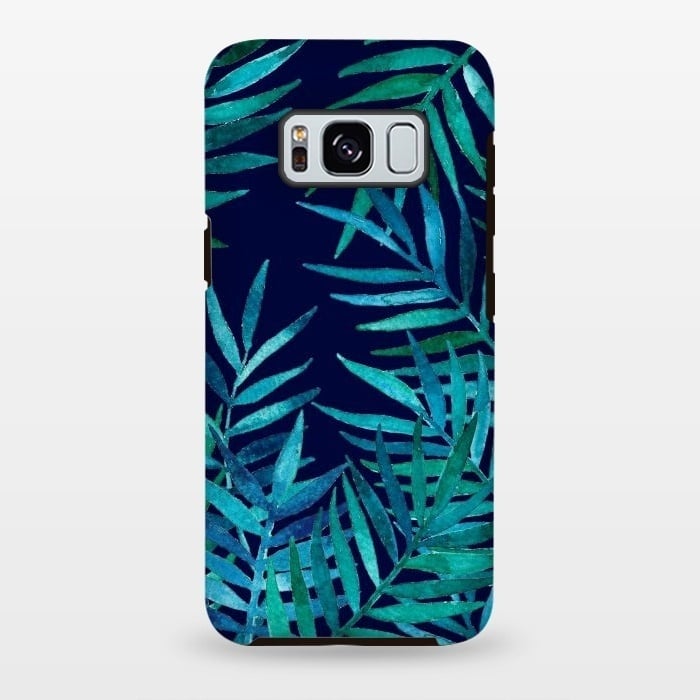 Galaxy S8 plus StrongFit Watercolor Palm Leaves on Navy Blue by Micklyn Le Feuvre
