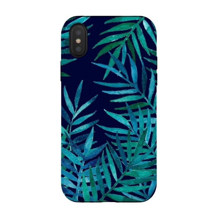 iPhone Xs / X StrongFit Watercolor Palm Leaves on Navy Blue by Micklyn Le Feuvre