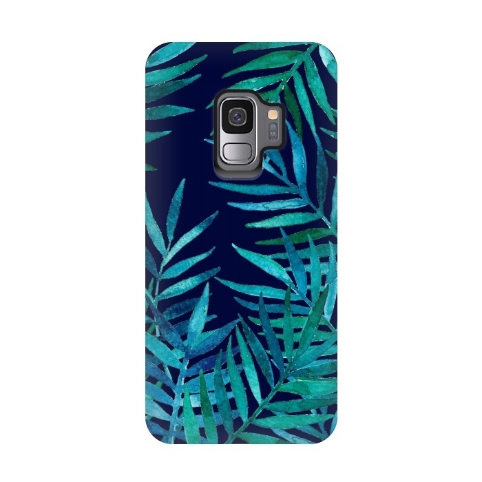 Galaxy S9 StrongFit Watercolor Palm Leaves on Navy Blue by Micklyn Le Feuvre