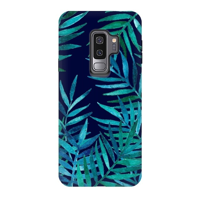 Galaxy S9 plus StrongFit Watercolor Palm Leaves on Navy Blue by Micklyn Le Feuvre