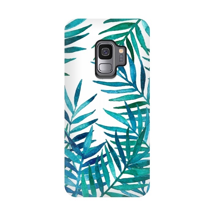 Galaxy S9 StrongFit Watercolor Palm Leaves on White by Micklyn Le Feuvre