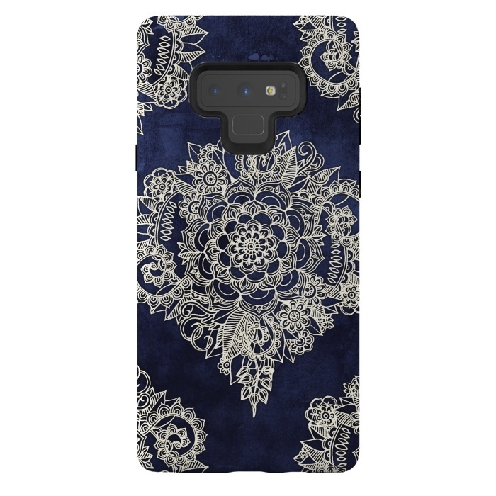 Galaxy Note 9 StrongFit Cream Floral Moroccan Pattern on Deep Indigo Ink by Micklyn Le Feuvre