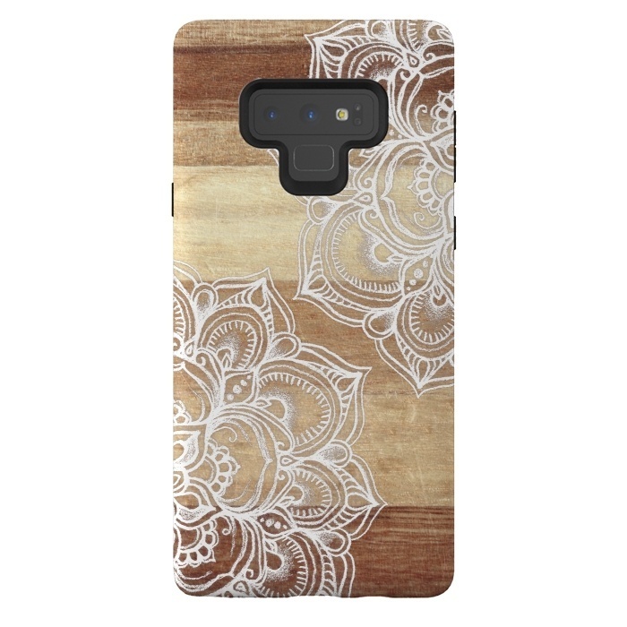 Galaxy Note 9 StrongFit White doodles on blonde wood by Micklyn Le Feuvre