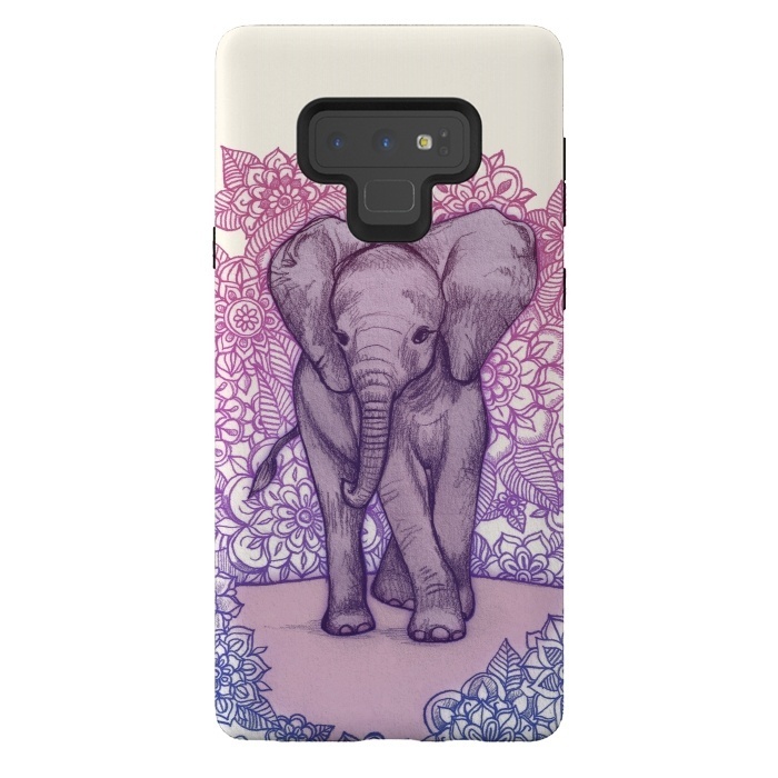 Galaxy Note 9 StrongFit Cute Baby Elephant in pink purple and blue by Micklyn Le Feuvre