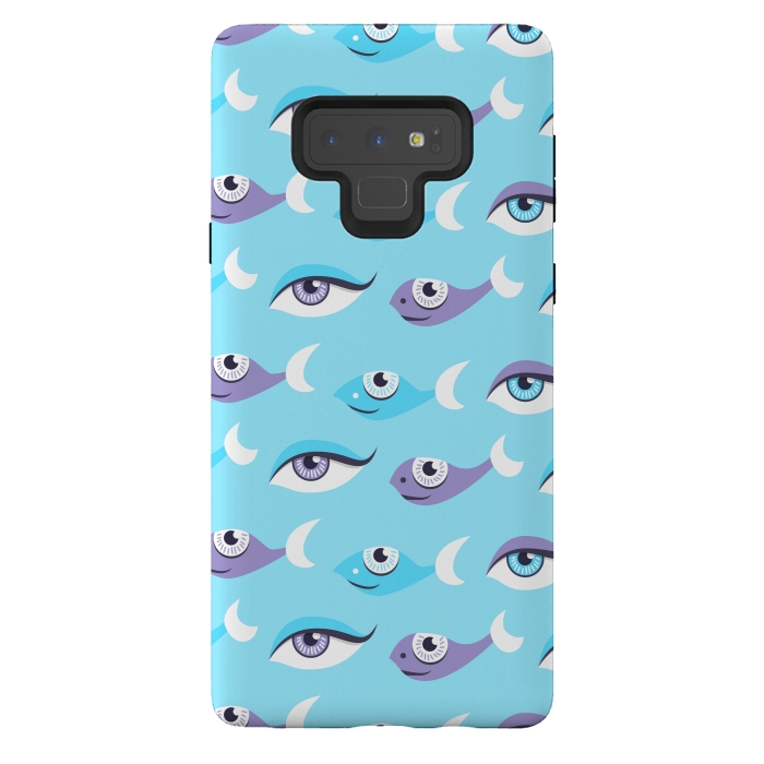Galaxy Note 9 StrongFit Pattern of purple and blue eyes and fish in sea by Boriana Giormova