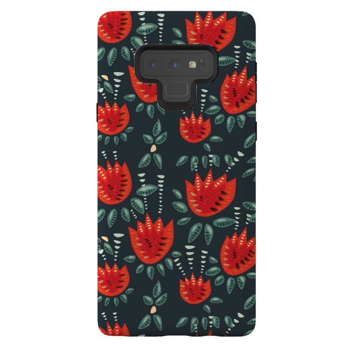 Galaxy Note 9 StrongFit Red Tulips Dark Floral Pattern by Boriana Giormova