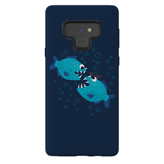 Galaxy Note 9 StrongFit Gossiping Blue Cartoon Piranha Fish by Boriana Giormova