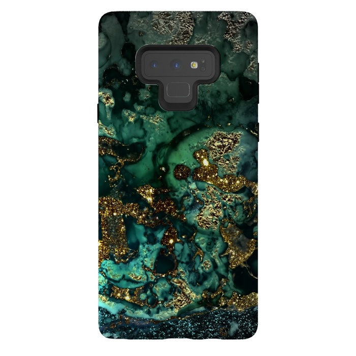 Galaxy Note 9 StrongFit Indigo Green and Gold Glitter Ink Marble by  Utart