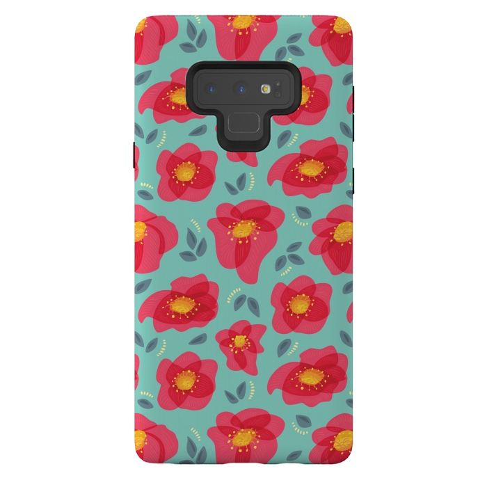 Galaxy Note 9 StrongFit Pretty Flowers With Bright Pink Petals On Blue by Boriana Giormova