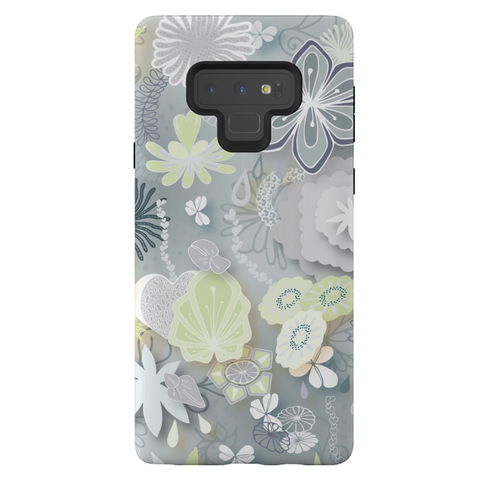 Galaxy Note 9 StrongFit Paper-Cut Florals on Grey by Paula Ohreen