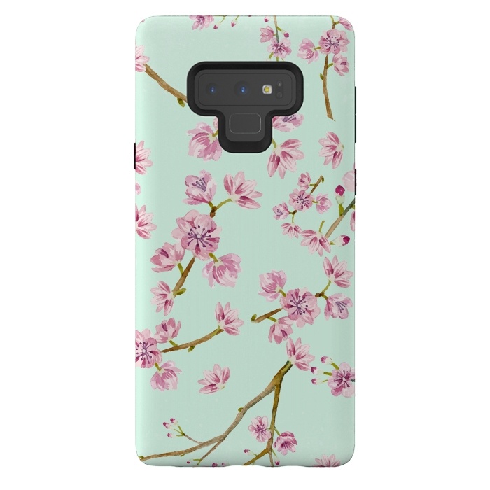 Galaxy Note 9 StrongFit Aqua Teal and Pink Cherry Blossom Branch Spring Pattern by  Utart