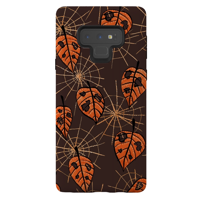 Galaxy Note 9 StrongFit Orange Leaves With Holes And Spiderwebs by Boriana Giormova