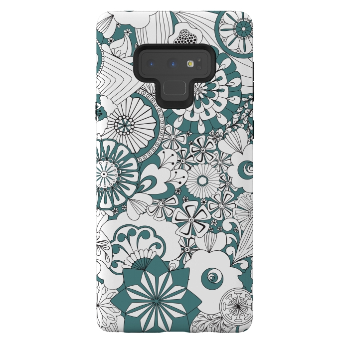 Galaxy Note 9 StrongFit 70s Flowers - Blue and White by Paula Ohreen