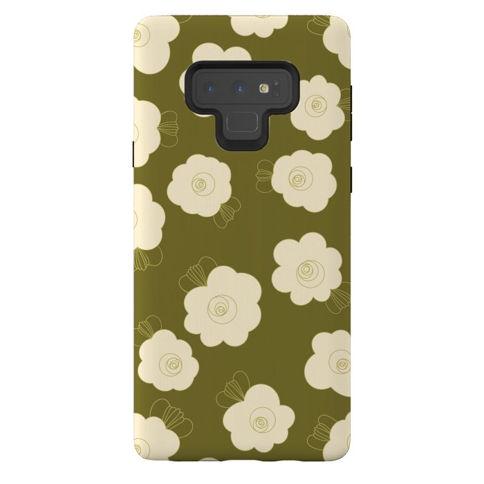 Galaxy Note 9 StrongFit Fluffy Flowers - Cream on Olive Green by Paula Ohreen