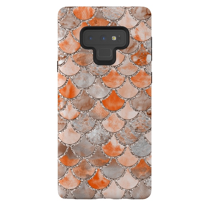 Galaxy Note 9 StrongFit Salmon Peach and Silver Glitter WAtercolor Mermaid Scales by  Utart