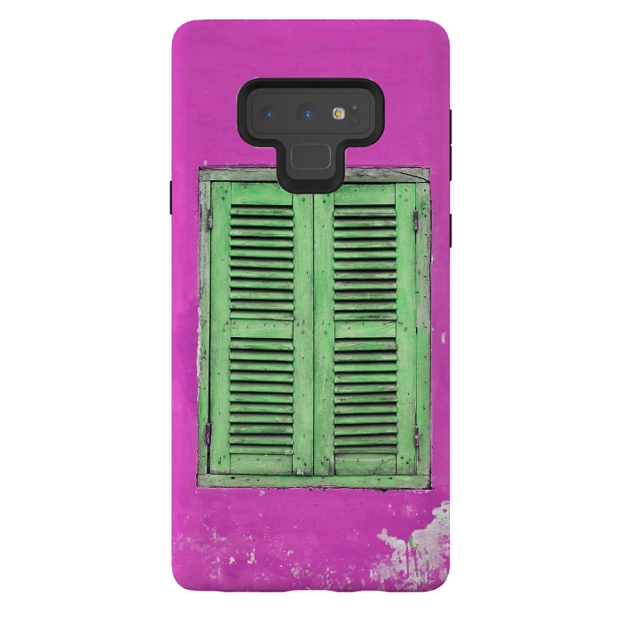 Galaxy Note 9 StrongFit Turquoise Green Shutters In Pink Wall by Andrea Haase