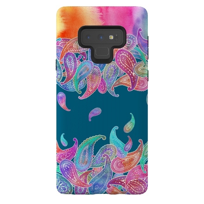 Galaxy Note 9 StrongFit Rainbow Paisley Rain on Blue by Micklyn Le Feuvre